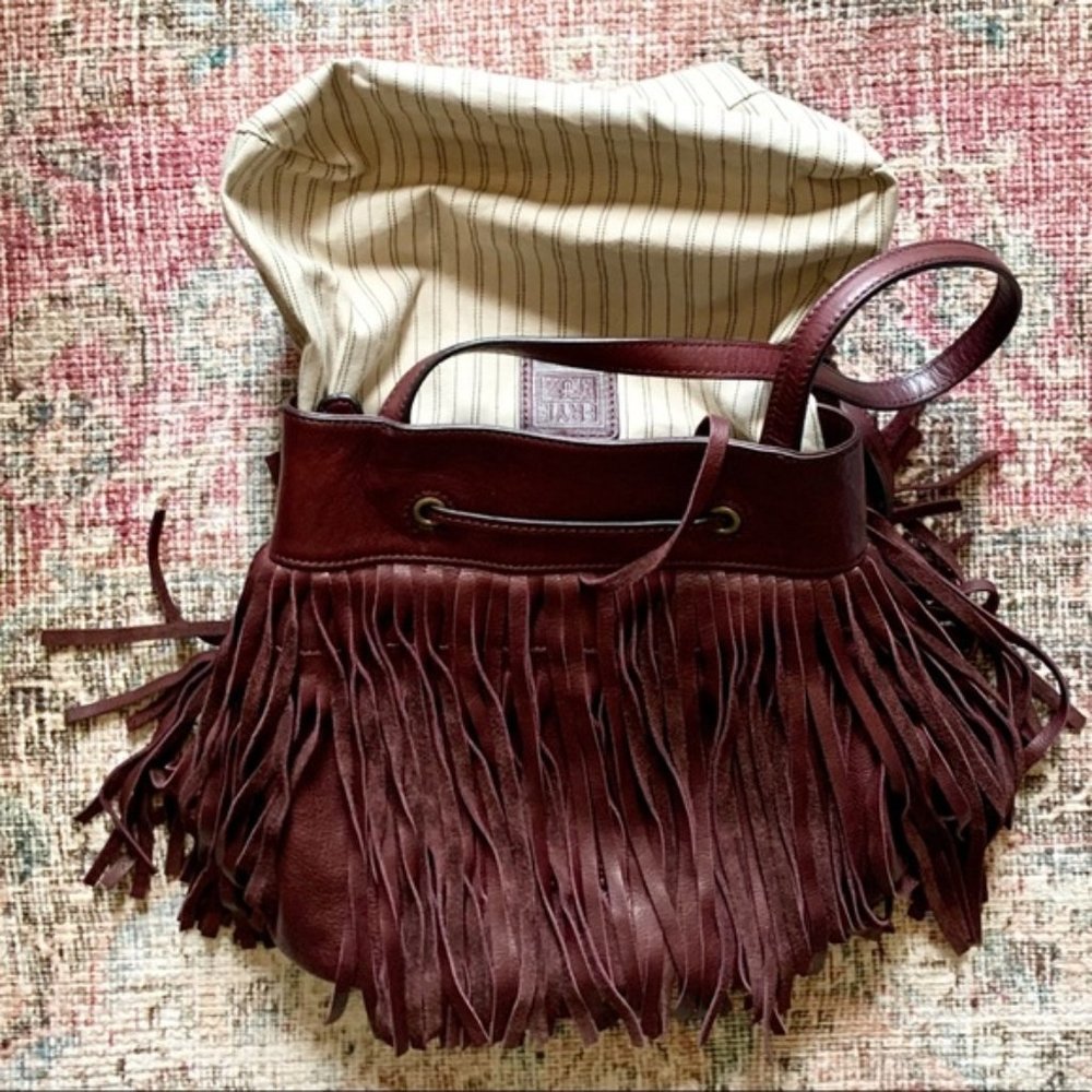 Plum Frye Heidi Fringe Drawstring Bucket Bag